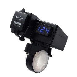 Priza USB x 2 si Voltmetru digital moto, led albastru, culoare negru